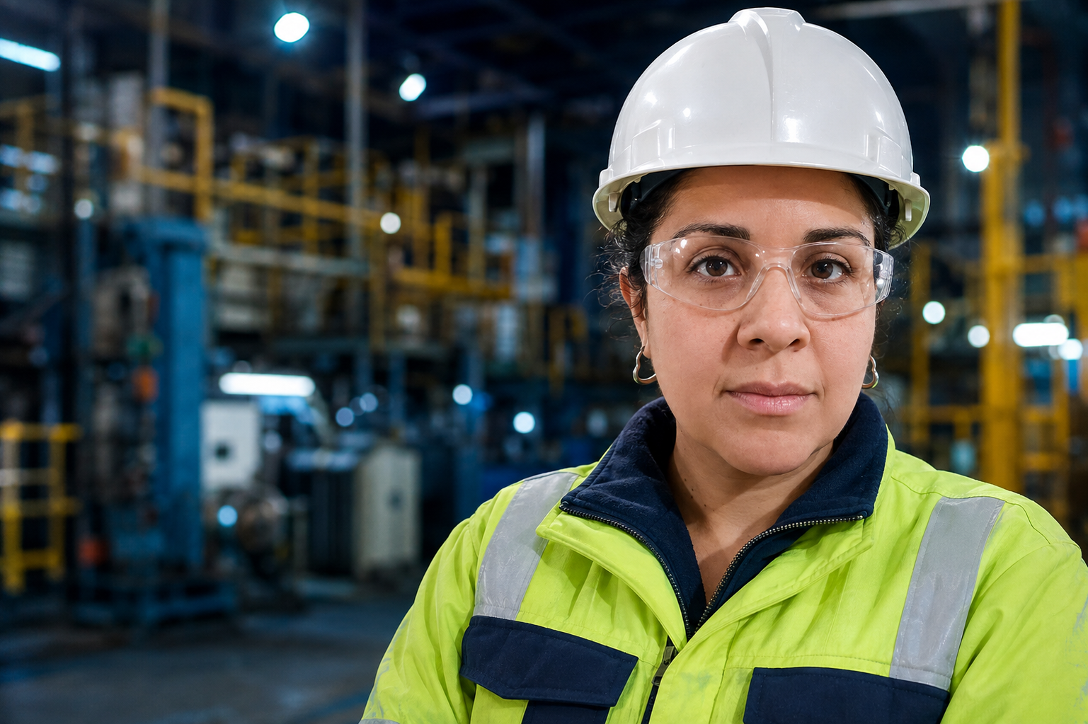 Profesional de higiene y seguridad con casco y equipo de protección